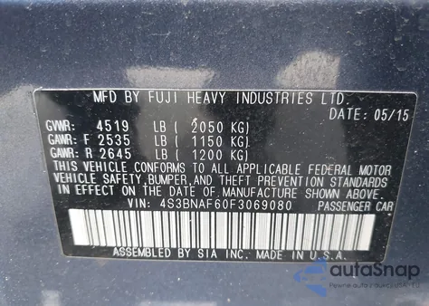 2015 Subaru Legacy 2.5I Premium z USA, uszkodzony, nr VIN 4S3BNAF60F3069080